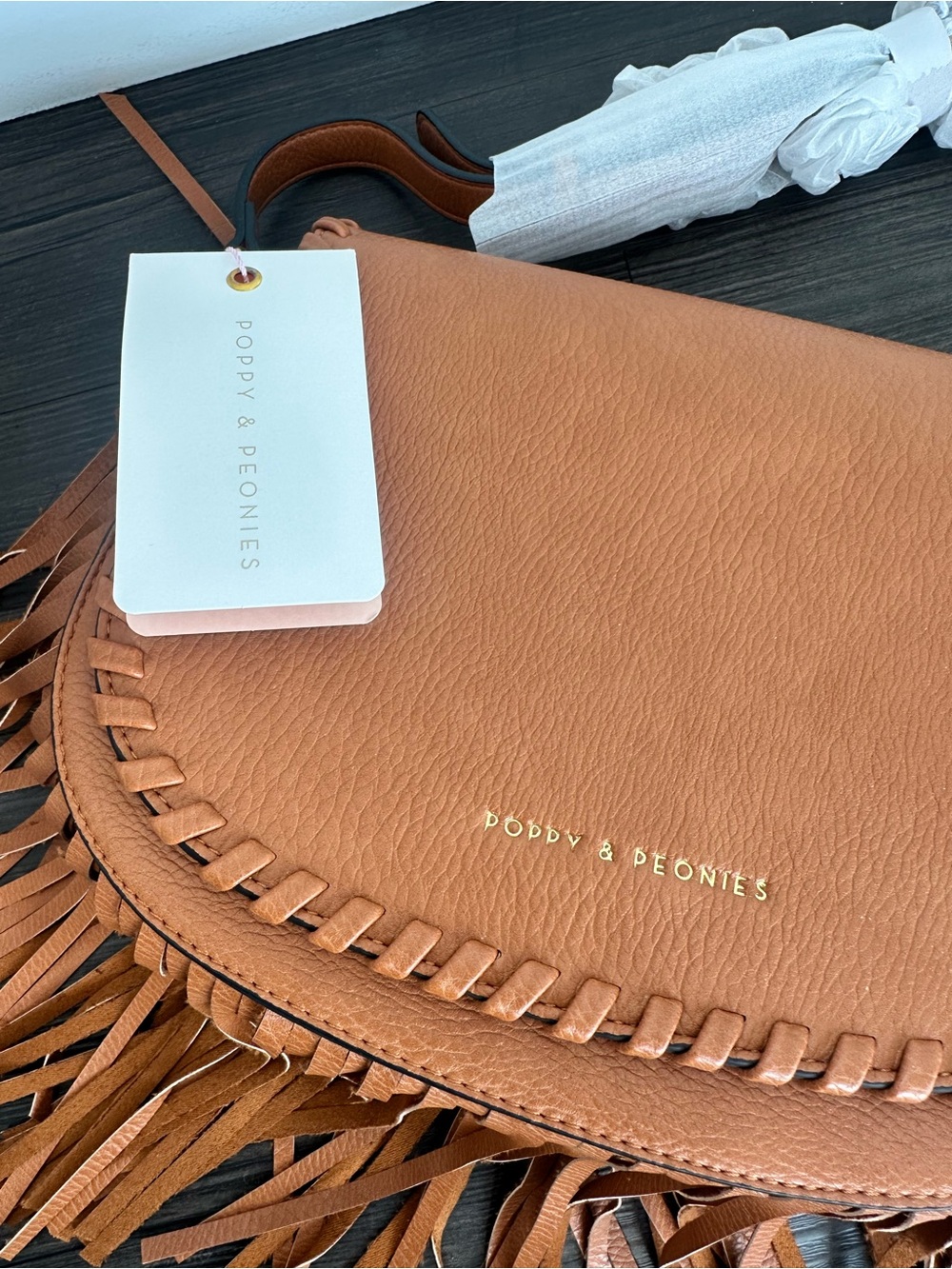 NWT Poppy & Peonies Cognac Fringe Saddle Bag Crossbody
